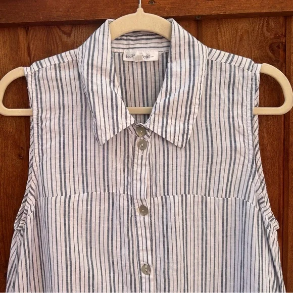 Le Paris Petit Linen Sleeveless Tunic Dress Pinstripe Button Down High Low Hem M - Picture 4 of 10